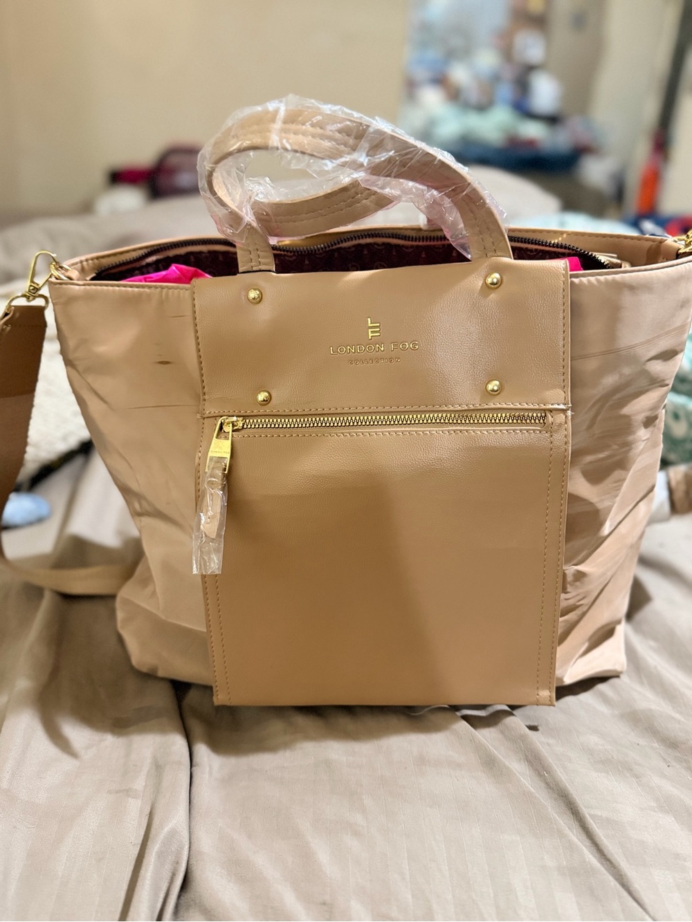 London Fog Neutral Tan Nylon Tote with Front Zip Pocket